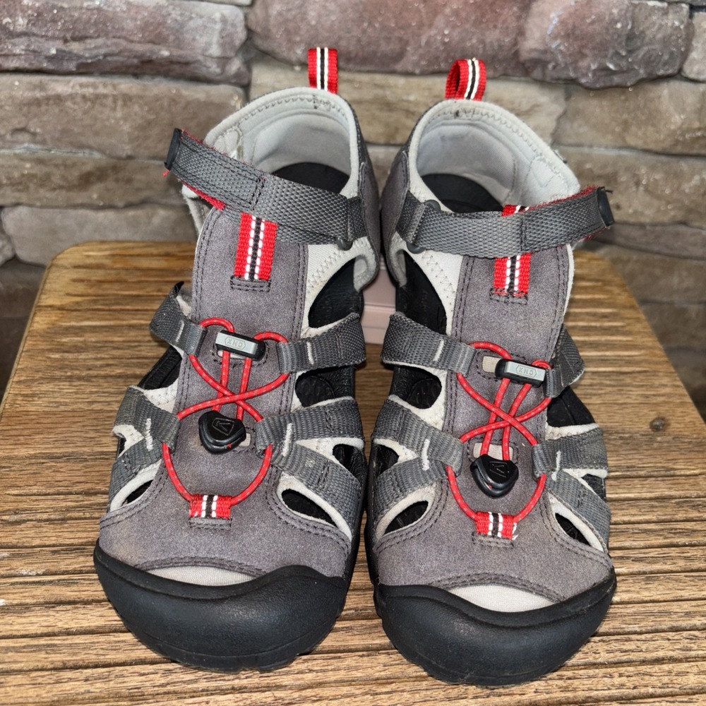 Keen Newport NEO H2 Youth Sandals Sz 5 Gray/Red Hook & Loop Lace-Lock Bungee